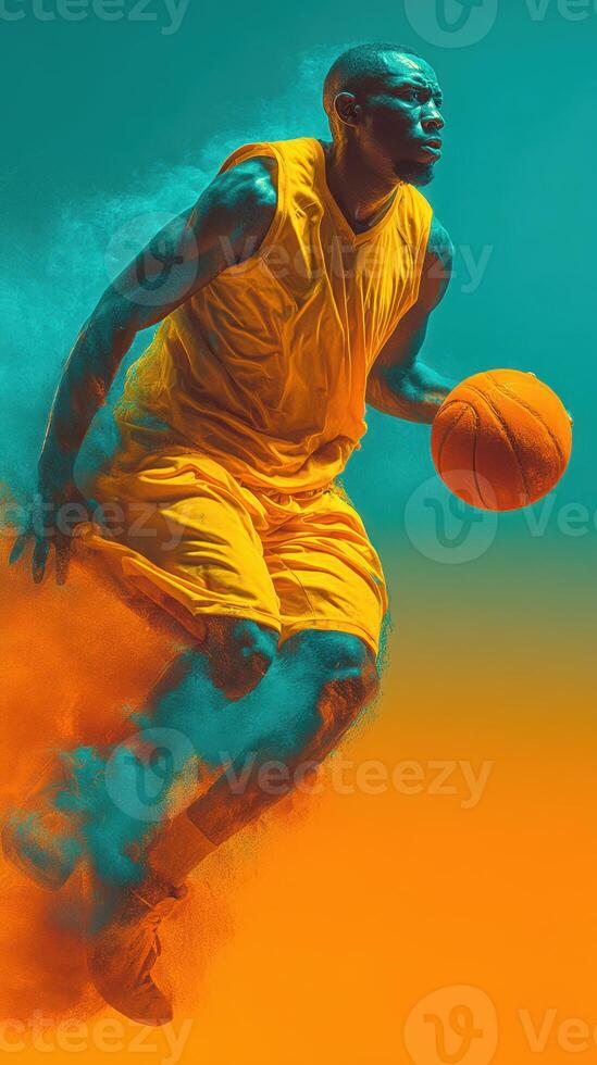 Basketball player in motion against a vibrant background during a dynamic sport activity session photo