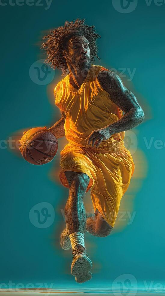 Dynamic basketball player in motion during a game, showcasing athleticism and skill on the court photo