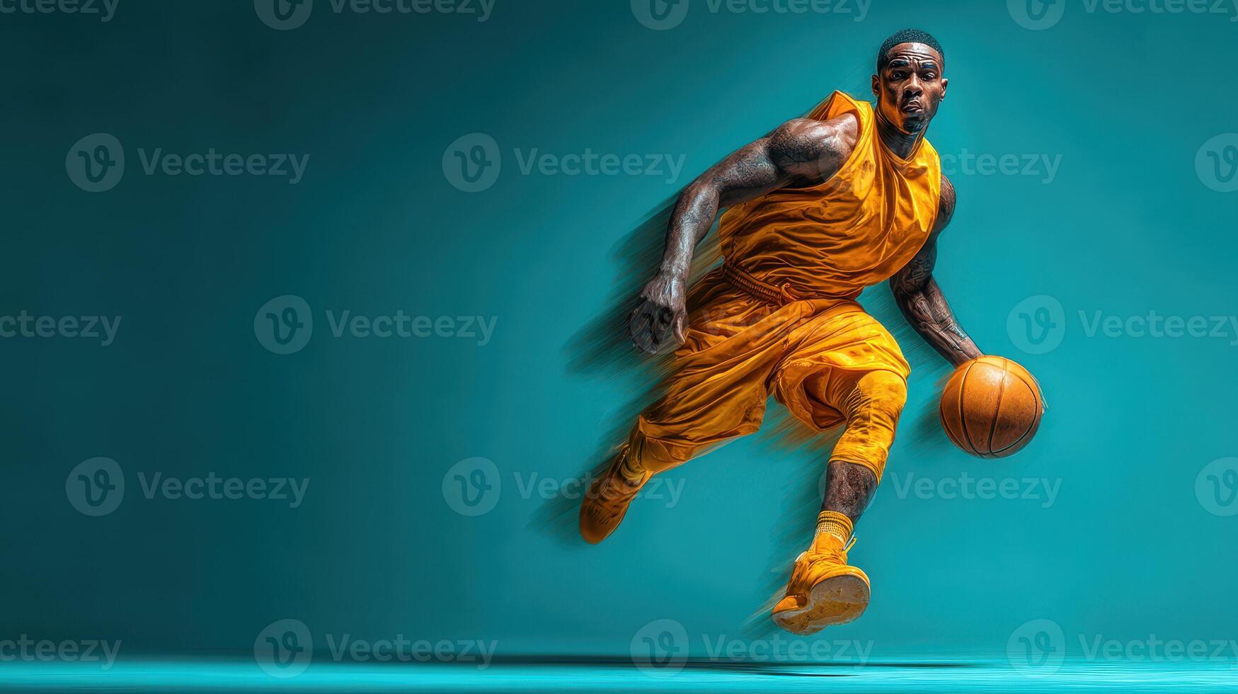 Basketball player dribbling on vibrant background during competitive game photo