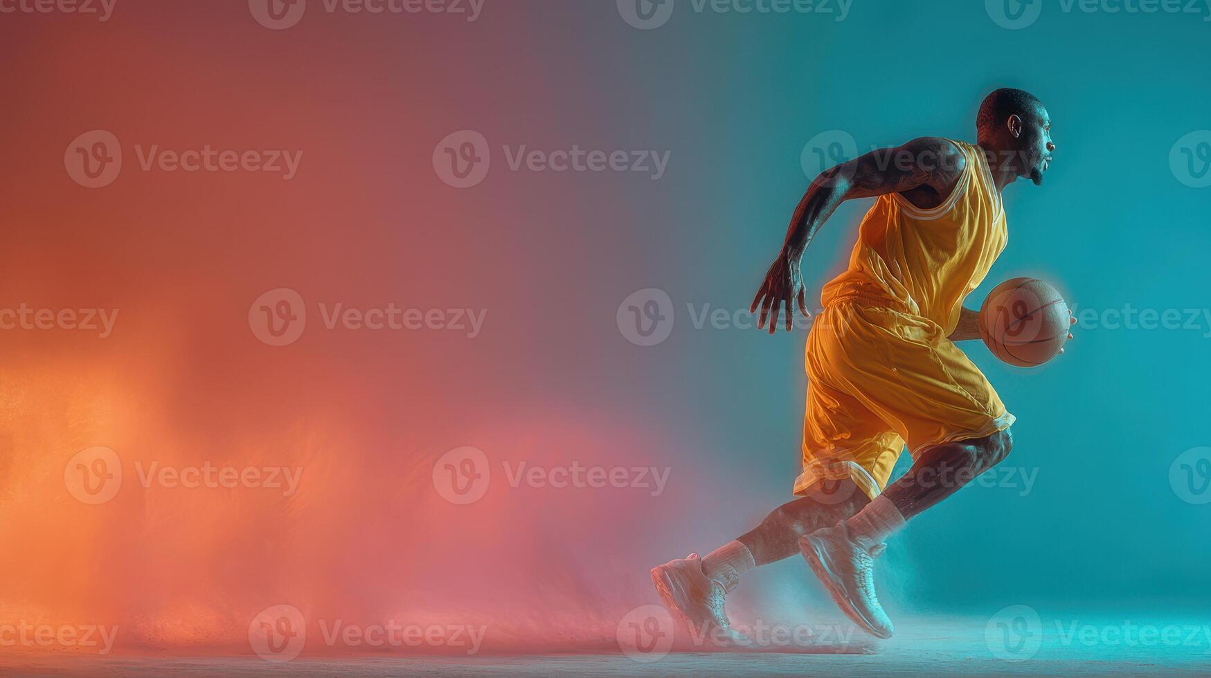 Dynamic basketball player sprinting with ball in vibrant colored atmosphere during practice session photo