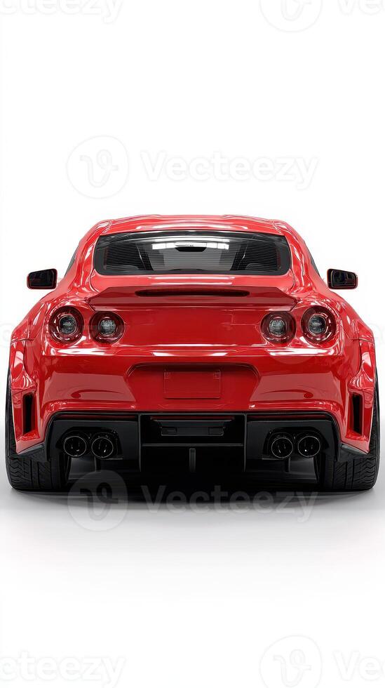 Sporty red car showcases sleek design and powerful aesthetics in a modern showroom setting with high-quality lighting photo