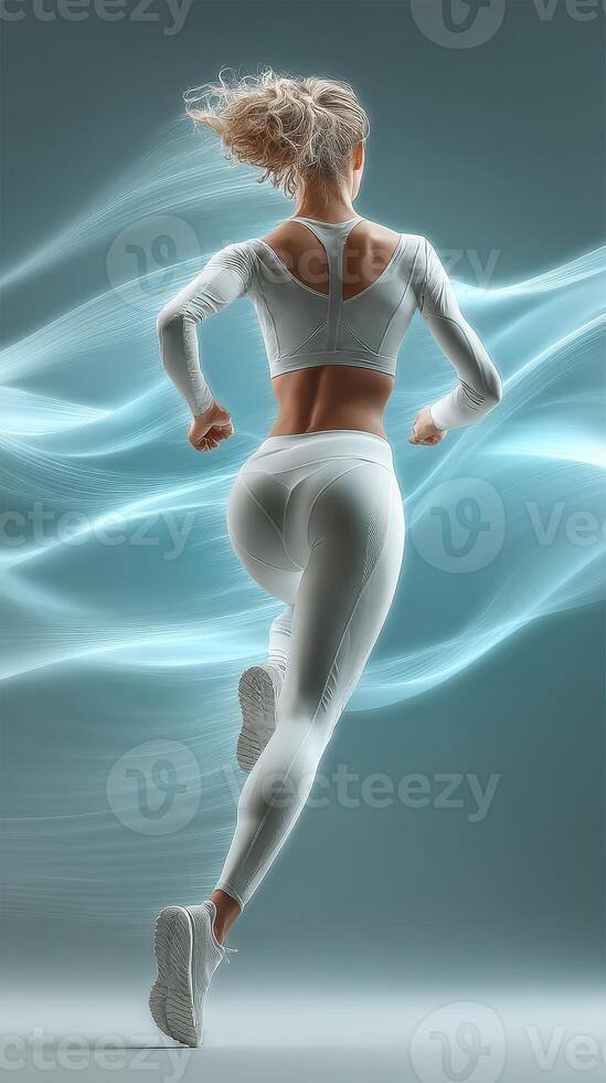Woman running in athletic wear with flowing light effects in a studio setting during a dynamic sports activity photo