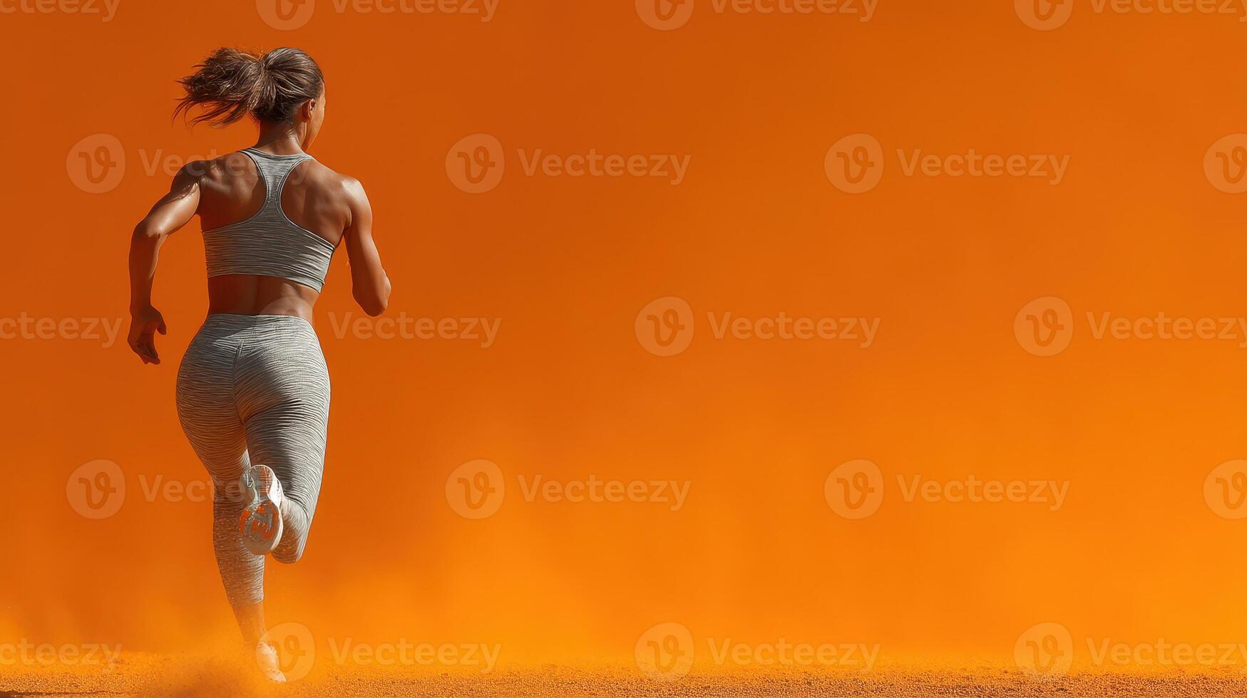 Dynamic woman running against a vibrant orange backdrop during an afternoon workout session in an urban environment photo