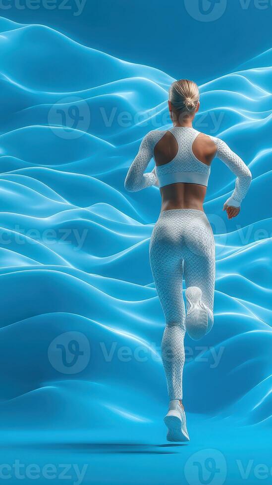 Dynamic runner in athletic wear moving against a blue abstract background showcasing motion and energy photo