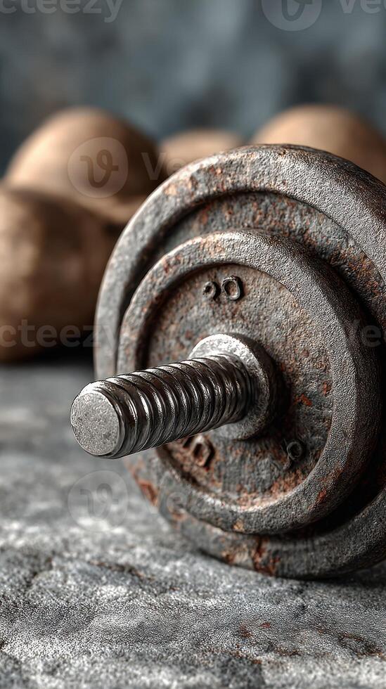Old rusty dumbbell rests on a textured surface with blurred weights in the background during a morning workout session photo