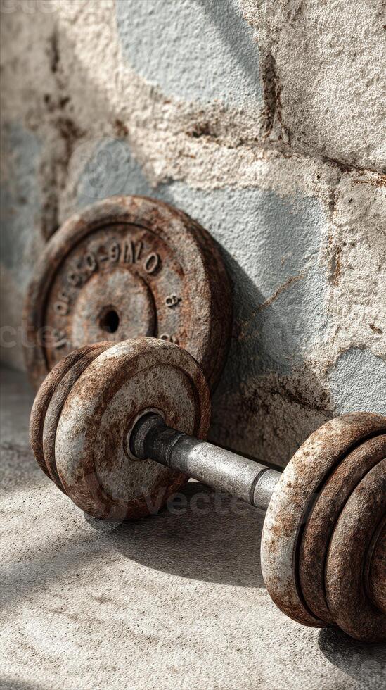 Rusty dumbbell resting on an old stone floor in a dimly lit workout space photo