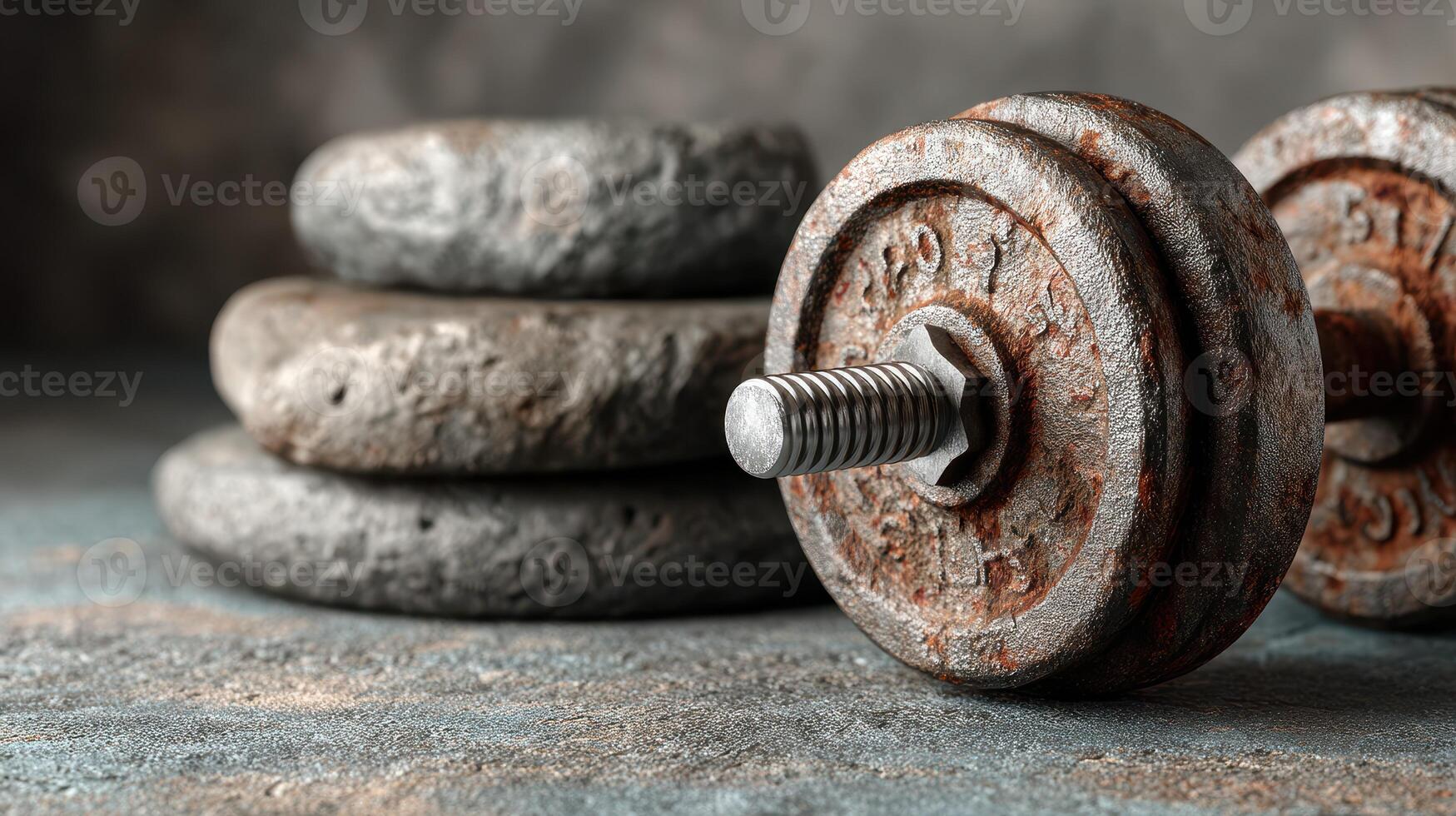 Rusted weights and dumbbell set displayed on a grungy surface in a fitness studio photo
