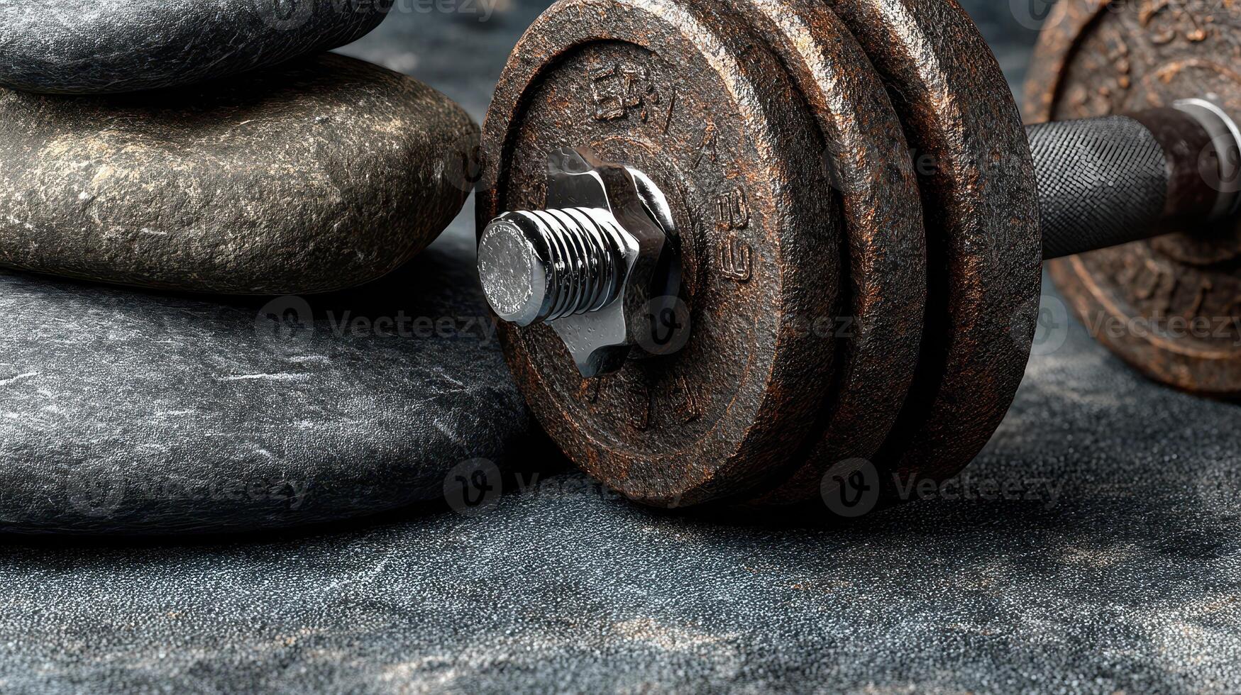 Weights and stones resting together on a textured surface in a quiet indoor setting photo