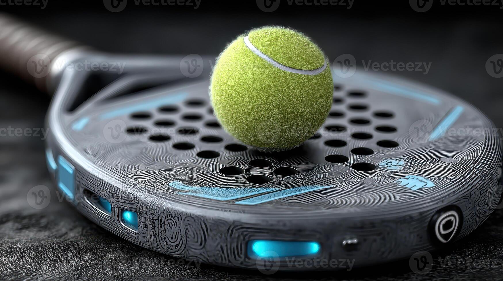 Padel racket and ball on a textured surface during a competitive match in a modern sports facility photo