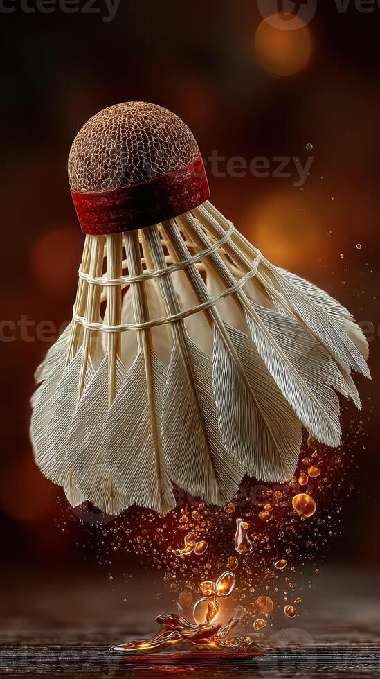 Creative depiction of a shuttlecock in action with droplets captured in mid-air during a vibrant indoor setting photo