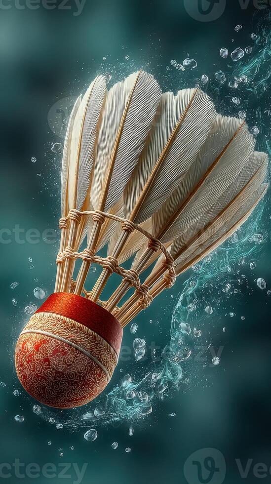Shuttlecock descends gracefully through water with bubbles in an elegant display of movement photo