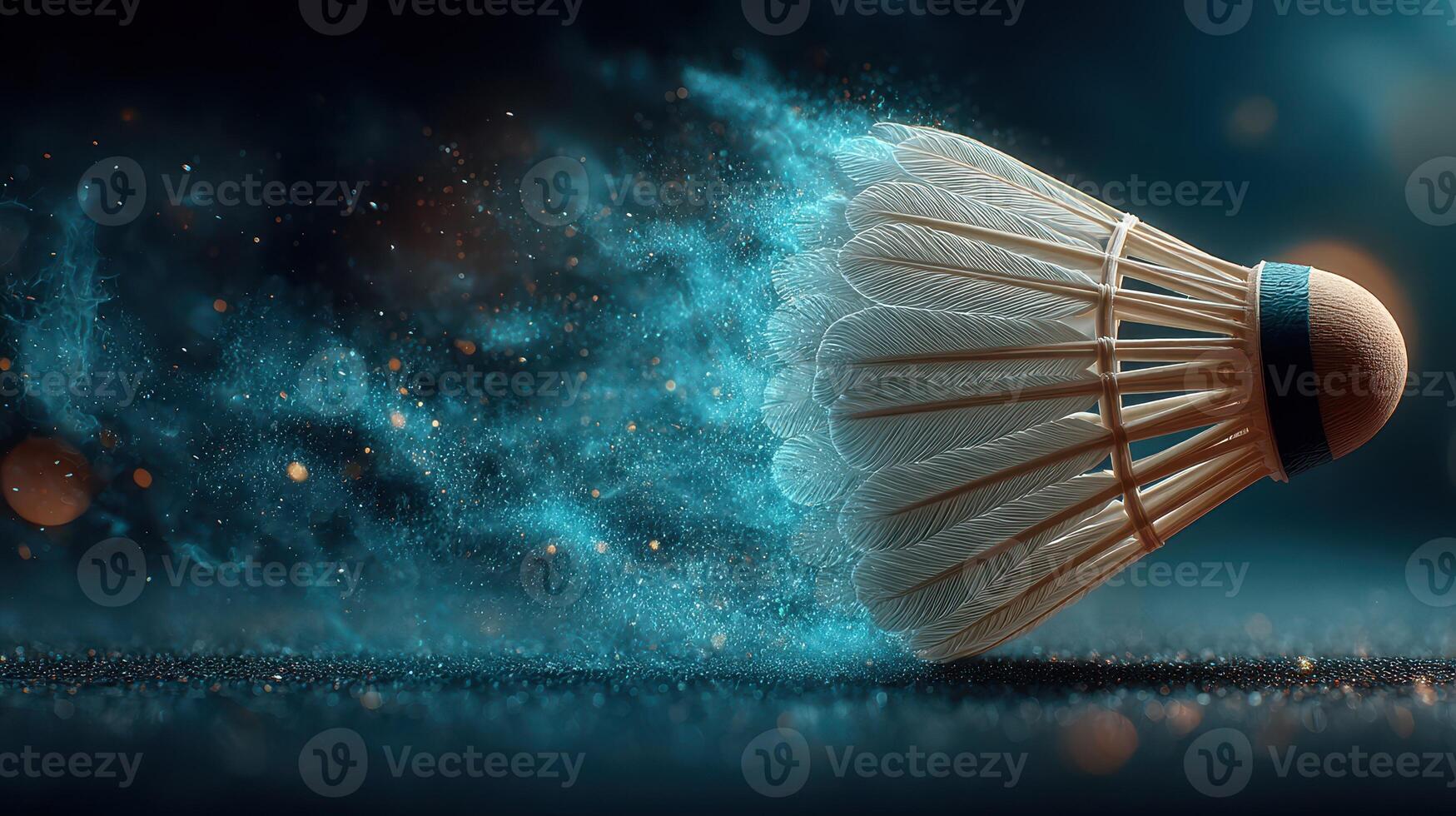 Speedy shuttlecock soars through the air creating a cloud of colorful mist during an intense badminton match photo