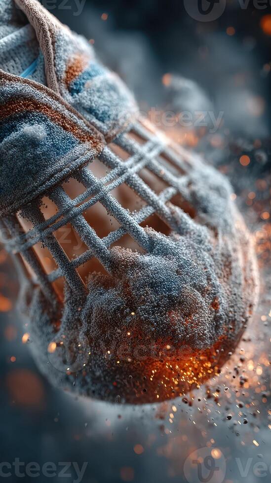 Dynamic close-up of a sports shoe kicking up dust and sparks during an intense athletic activity photo