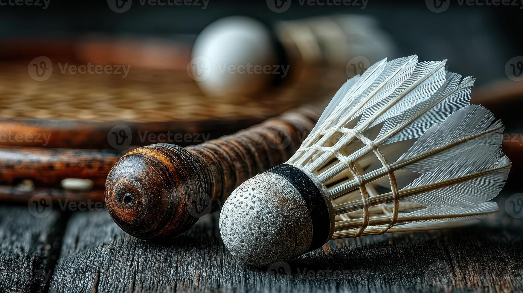 Badminton shuttlecocks and racket resting on a wooden surface during a quiet indoor setting photo