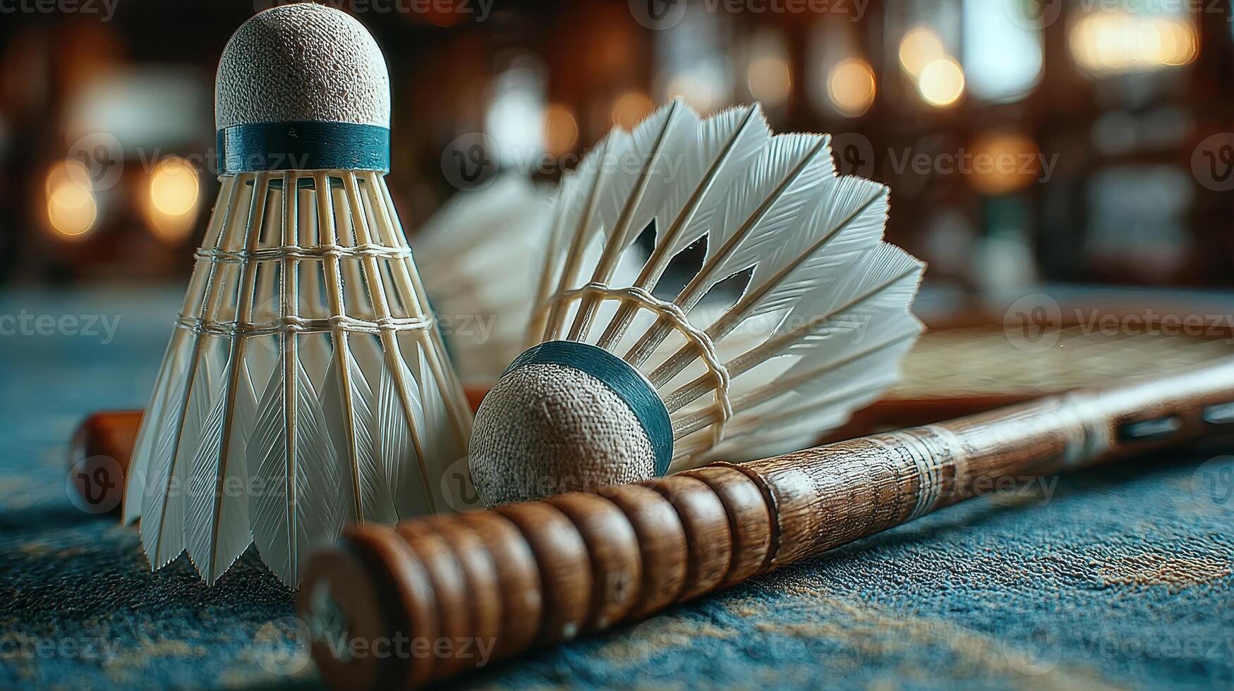 Badminton equipment including shuttlecocks and rackets arranged on a textured surface in a sports hall photo
