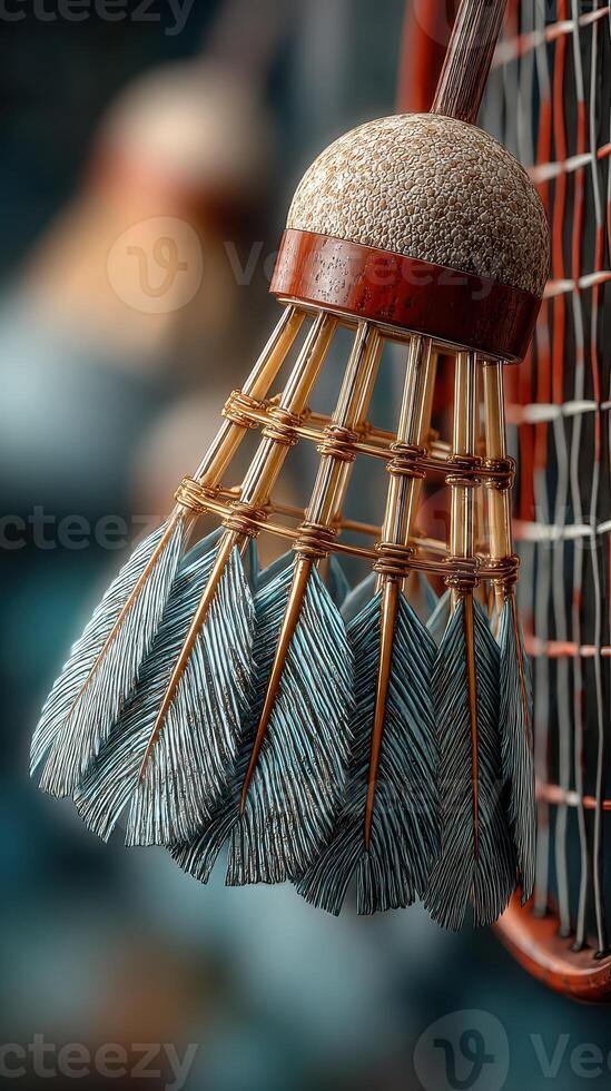 Shuttlecock hangs in a badminton racket showcasing intricate details and craftsmanship during a quiet indoor moment photo