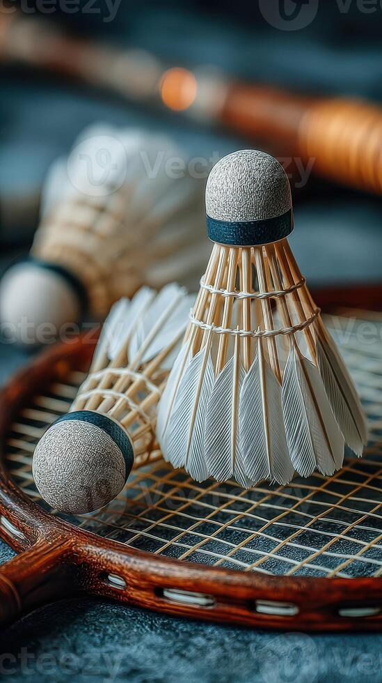 Badminton shuttlecocks ready for play with a wooden racket on a textured surface during an indoor setup photo