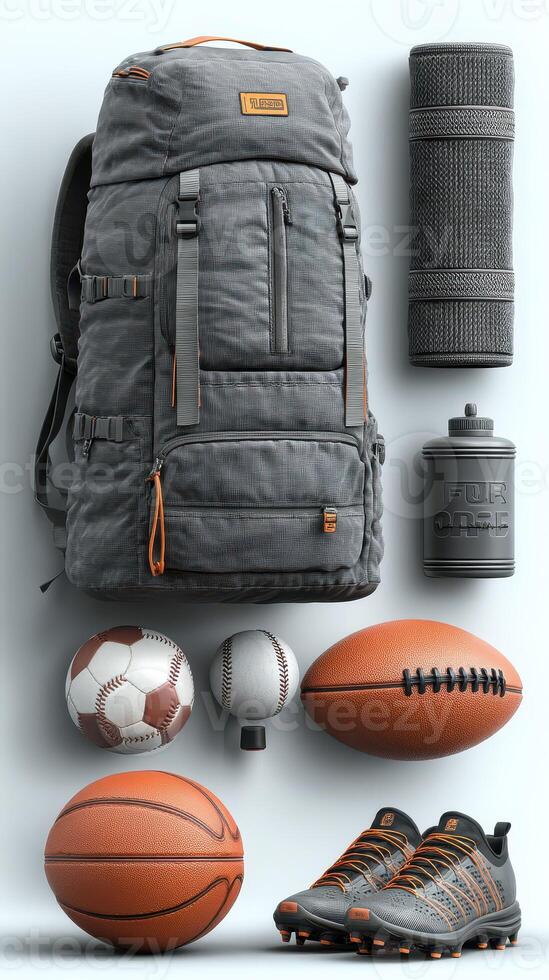 Sports equipment and accessories arranged for an active lifestyle using a gray backpack and athletic shoes photo