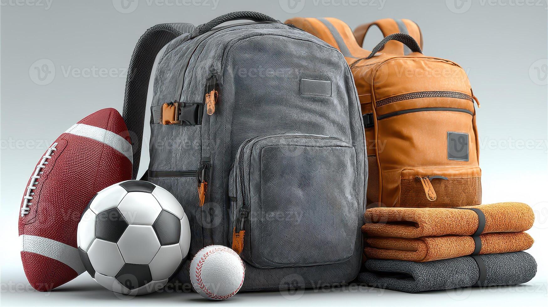 Sporting gear and backpacks arranged on a flat surface in a studio setting showcasing various athletic items and accessories photo