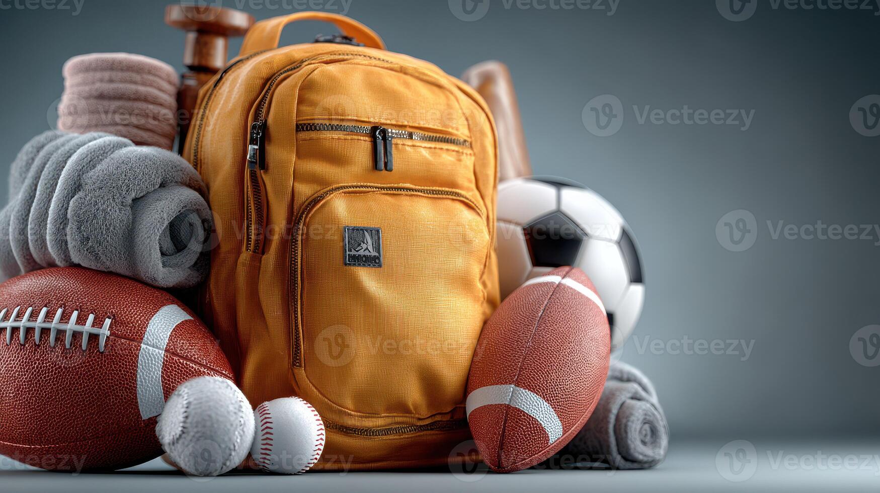 Sports gear assembled with a vibrant yellow backpack, showcasing various athletic items arranged on a gray background photo