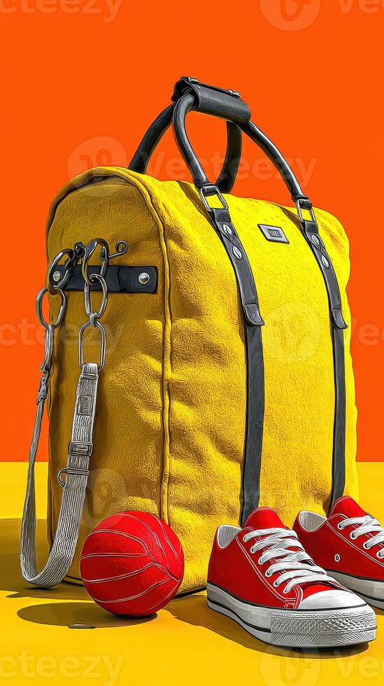 Bright yellow backpack and red sneakers with a basketball on a vibrant orange background photo