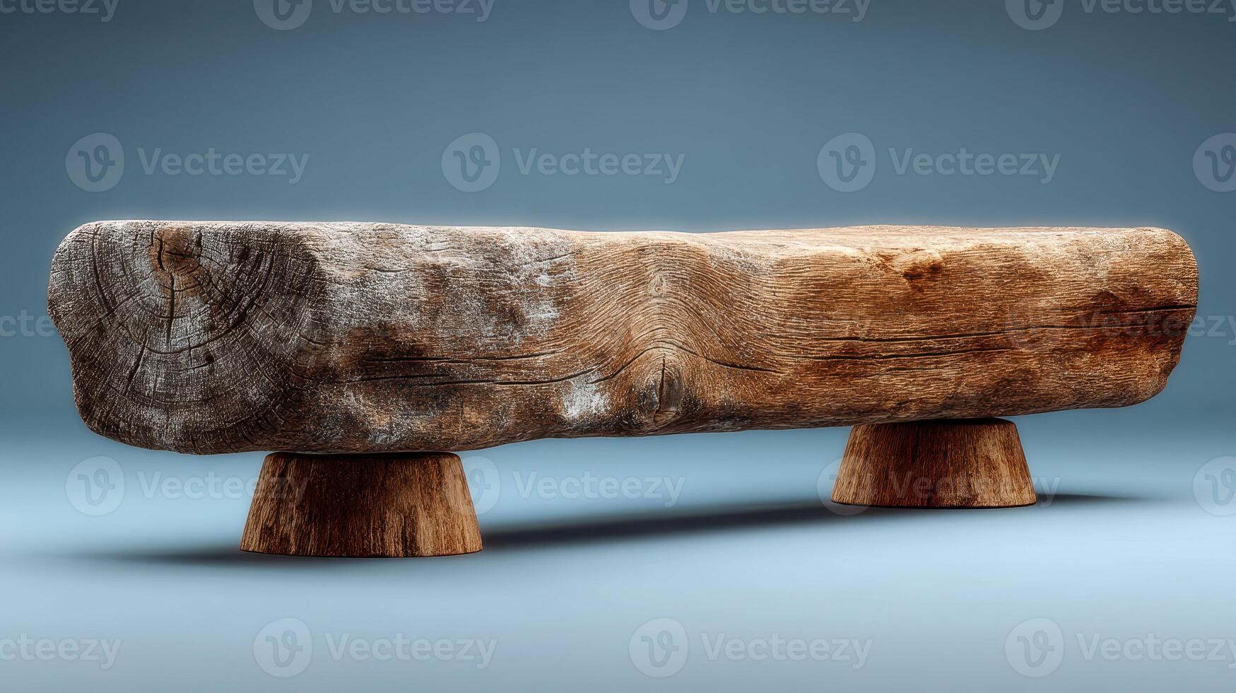 Rustic wooden bench with unique grain pattern displayed against a soft blue background in a minimalist setting photo