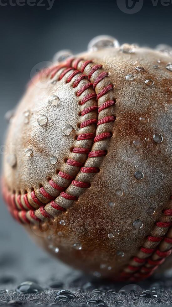 Close-up view of a wet baseball with water droplets glistening on its surface photo