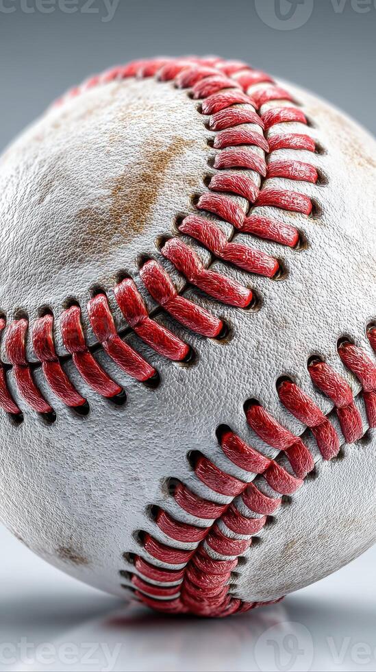 Baseball resting on a smooth surface showing signs of wear and tear with intricate stitching details in close-up photo