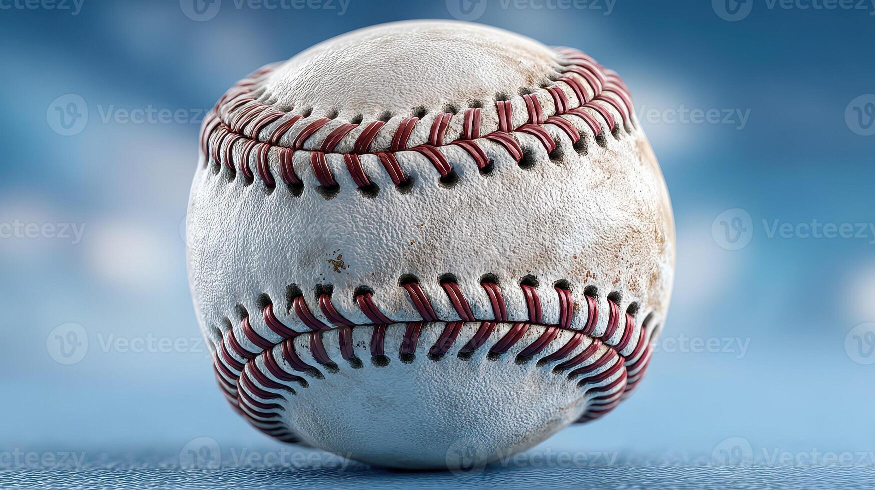 Classic baseball resting on a field with a blurred blue background during daylight hours photo
