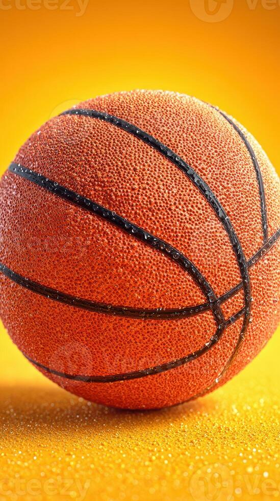 Vibrant orange basketball with droplets on a bright yellow background showcasing sporty texture and design photo