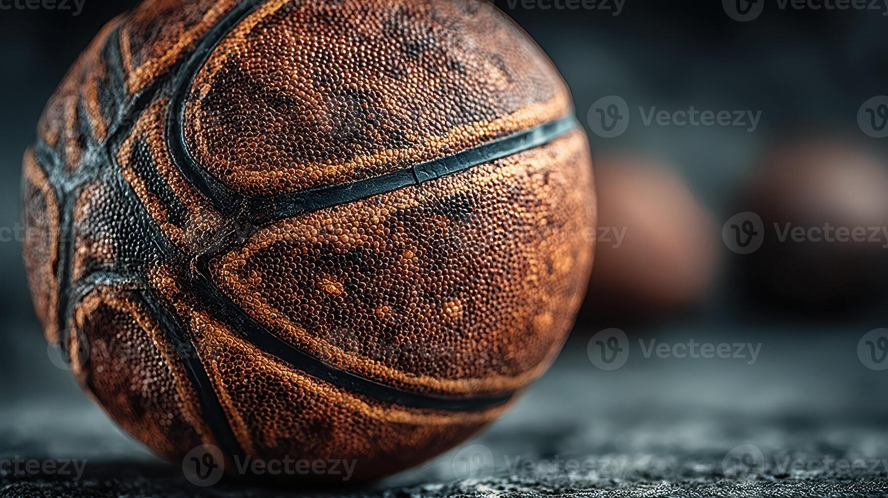 Close-up view of a well-worn basketball on a textured surface surrounded by blurred basketballs in a dimly lit setting photo