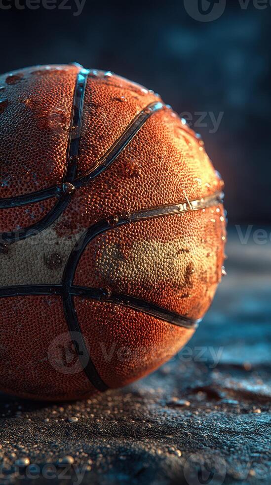 Basketball resting on a surface with water droplets reflecting light in a dimly lit environment photo