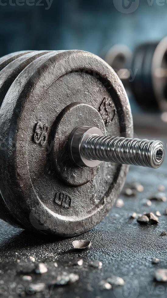 Detailed view of a heavy dumbbell resting on a gym floor with weights in the background during a workout session photo