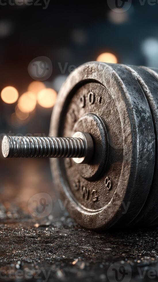Close up of a heavy metal dumbbell resting on a gym floor with blurred background lights creating an intense workout atmosphere photo