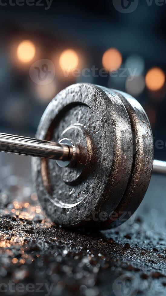 Weightlifting equipment resting on wet gym floor with blurred lights in background photo