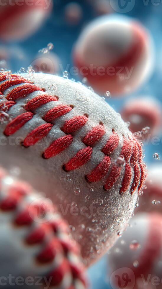 Dynamic close-up of water splashing around baseballs in a vibrant setting photo