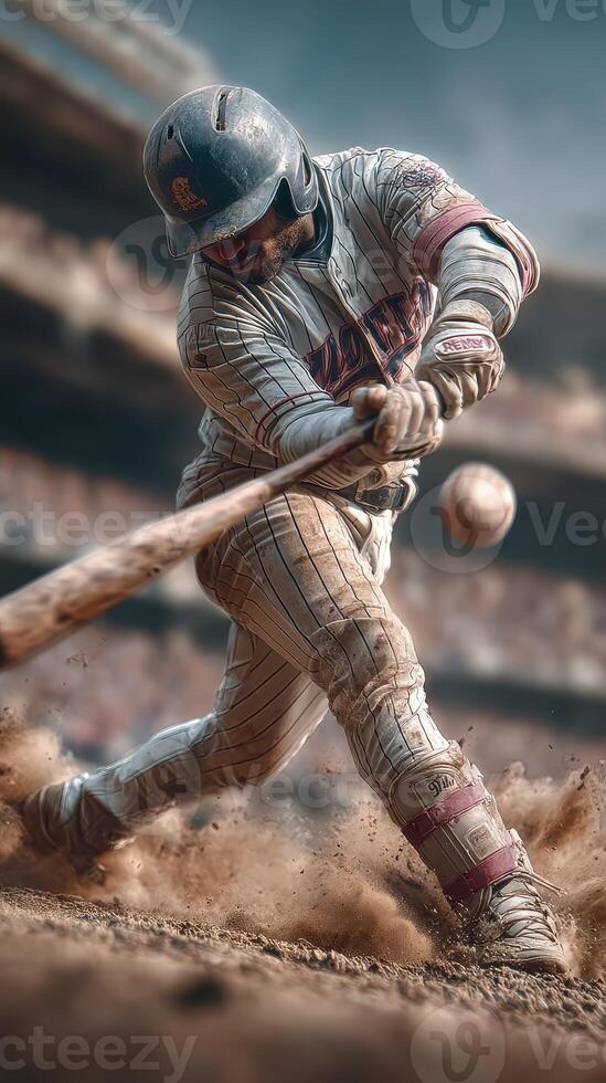 Furious swing by baseball player in striped uniform at game in dusty stadium during afternoon match photo