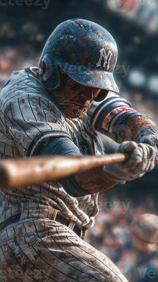 Intense baseball player prepares to hit a pitch during a game in a crowded stadium at sunset photo