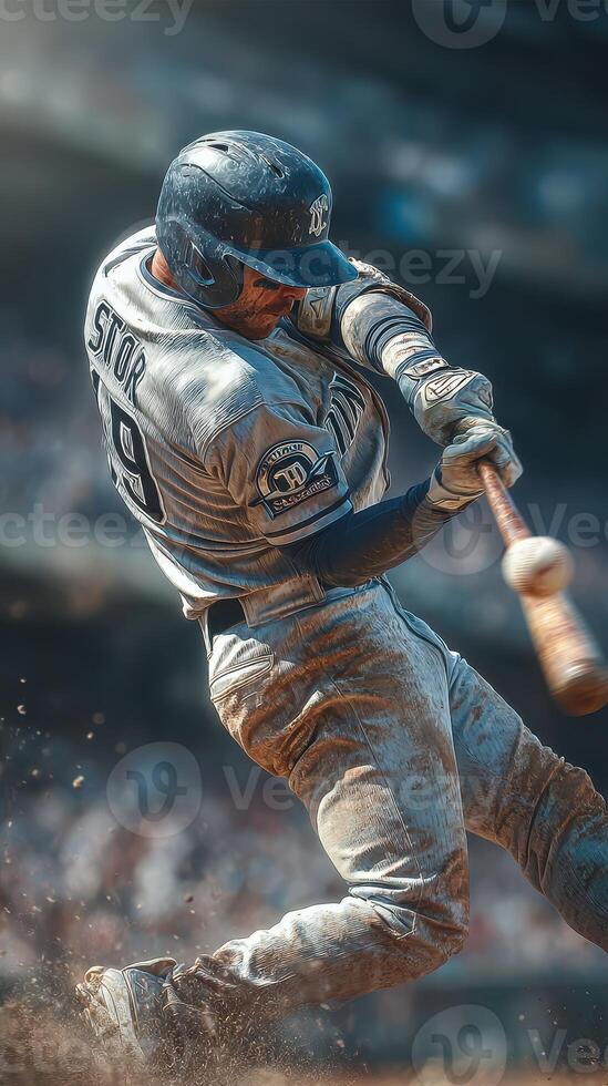 Player swings bat during a competitive baseball game in a stadium under bright sunlight on a summer afternoon photo