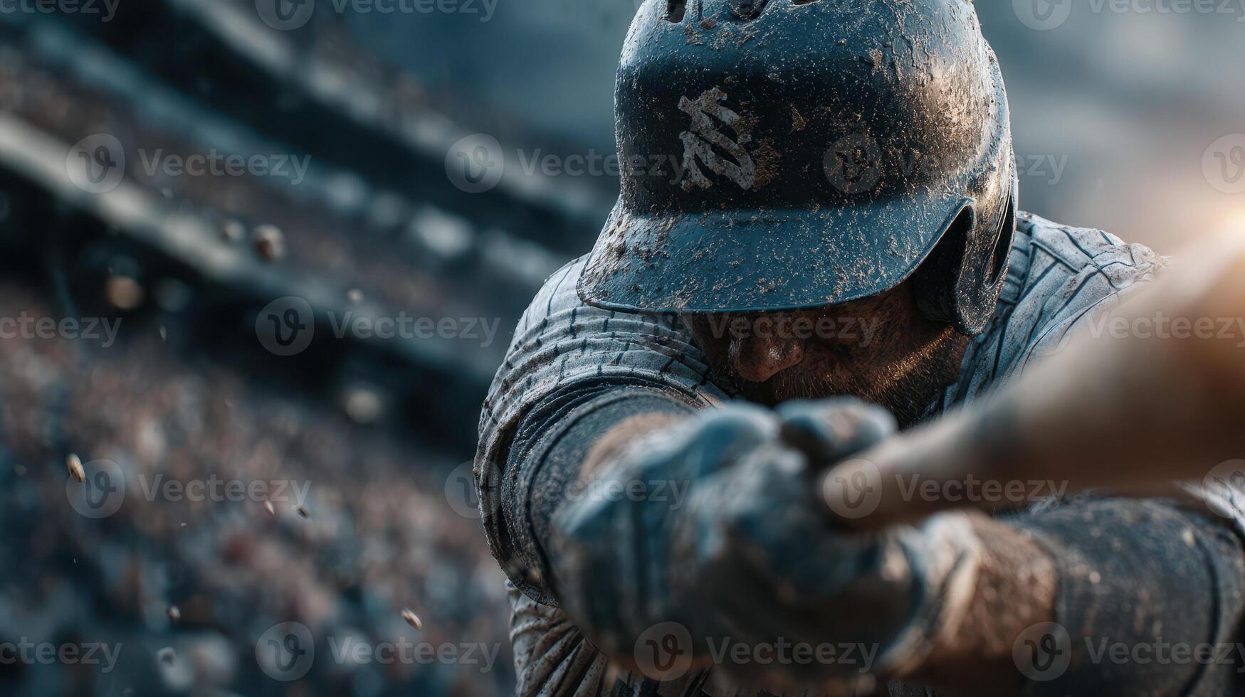 Baseball player swinging bat in action during intense game at stadium, capturing the excitement of the sport photo