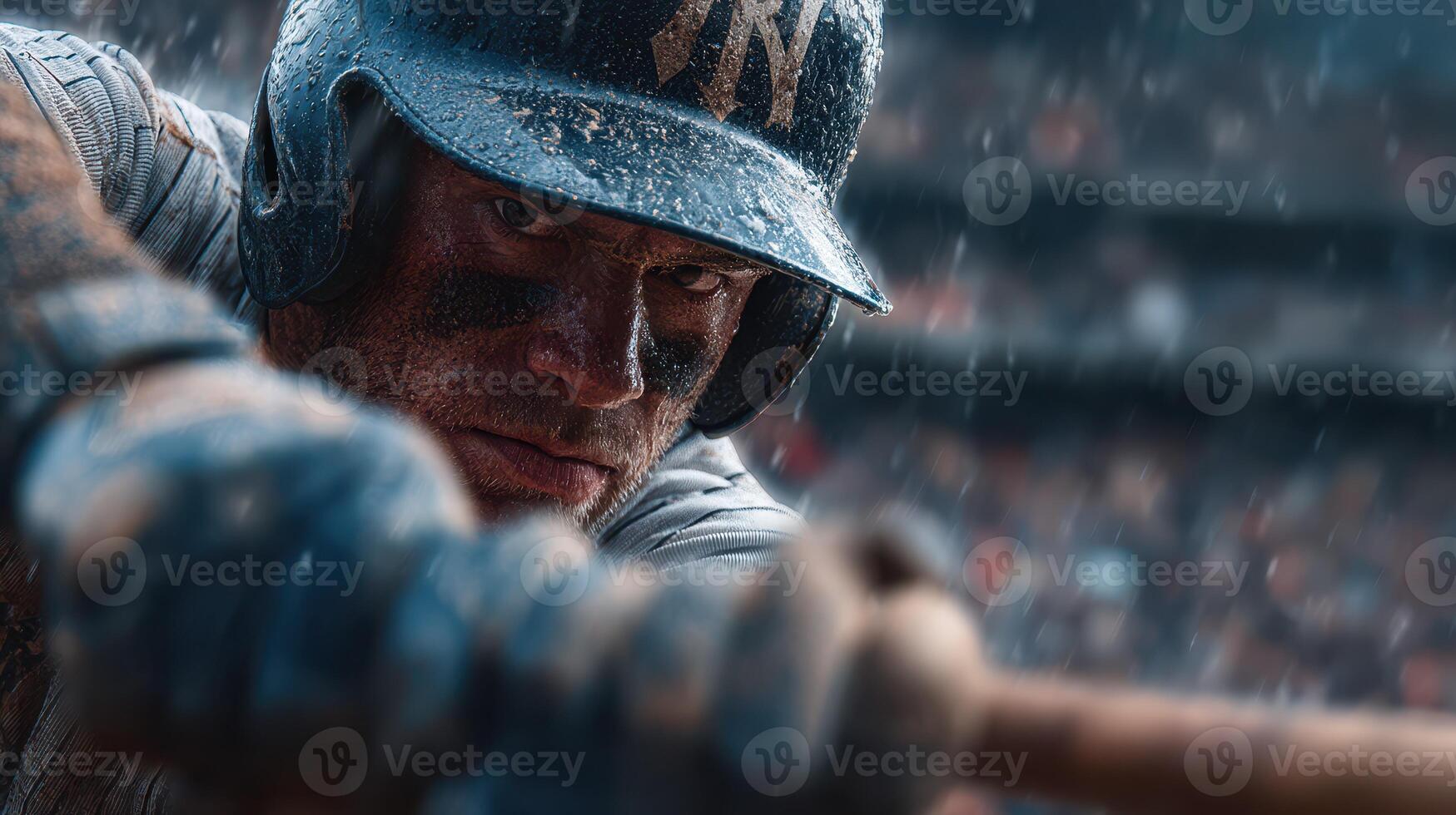 Intense baseball player focuses on the pitch during a rain-soaked match at the stadium photo