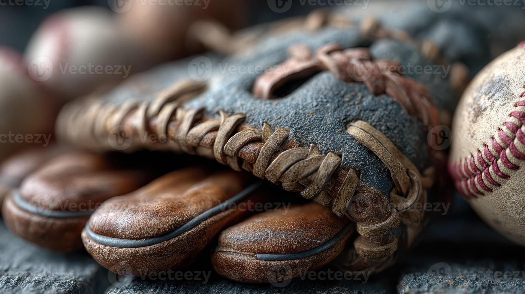 Vintage baseball glove resting on a weathered surface near a few baseballs during a sunny afternoon photo