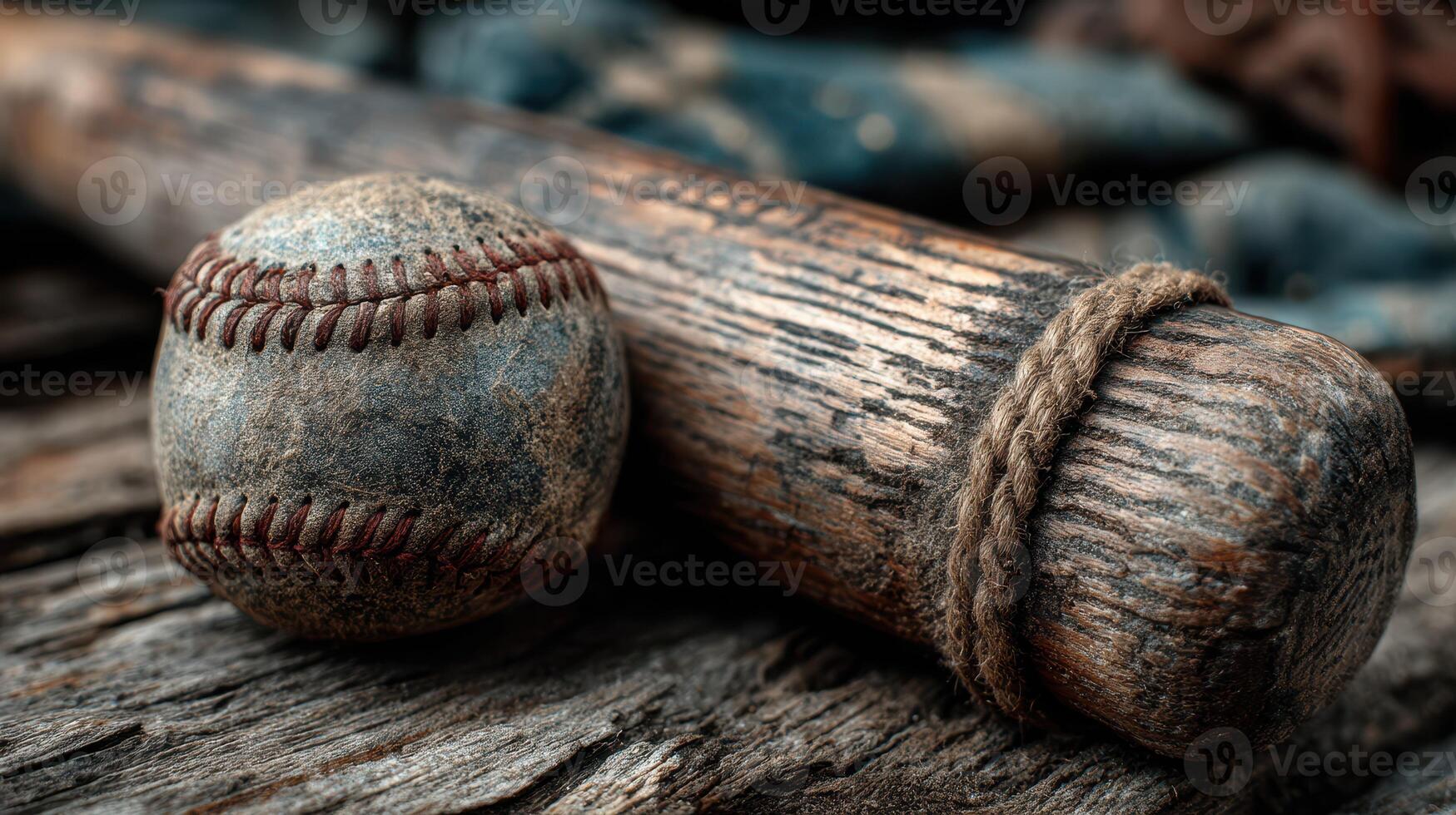 Vintage baseball bat and ball resting on rustic wooden surface in a nostalgic setting photo