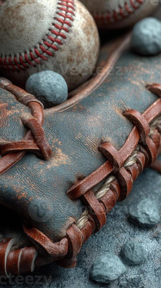 Vintage baseball glove with worn leather and a few baseballs resting on a gravel surface during daylight hours photo