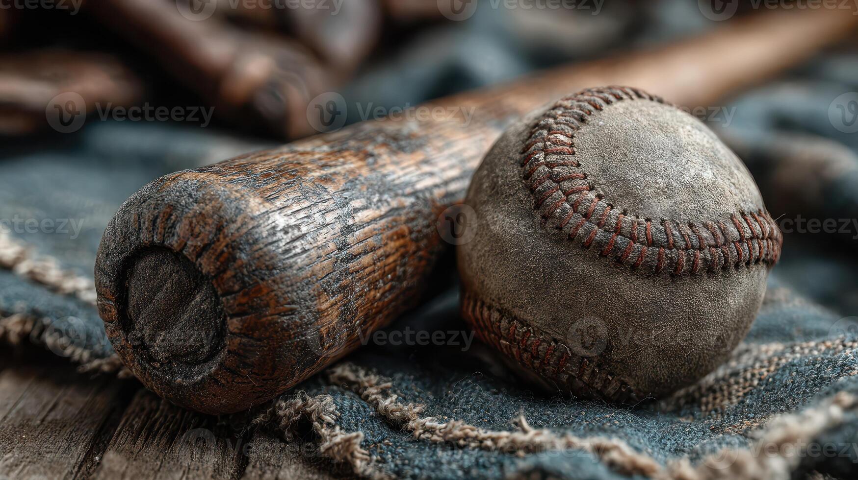 Vintage baseball bat and worn ball resting on rugged fabric in a rustic setting during daylight photo