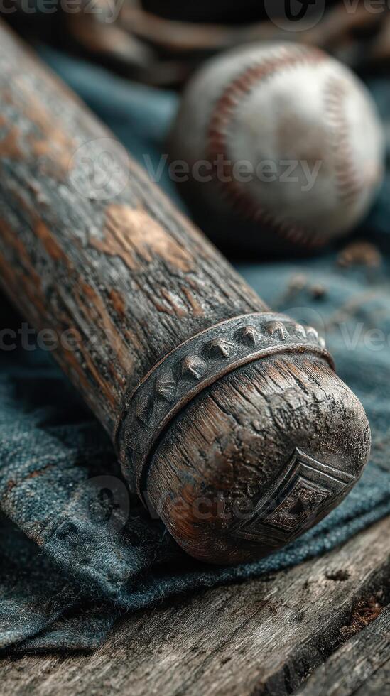 Vintage baseball bat and ball resting on a dark fabric surface in a rustic setting photo