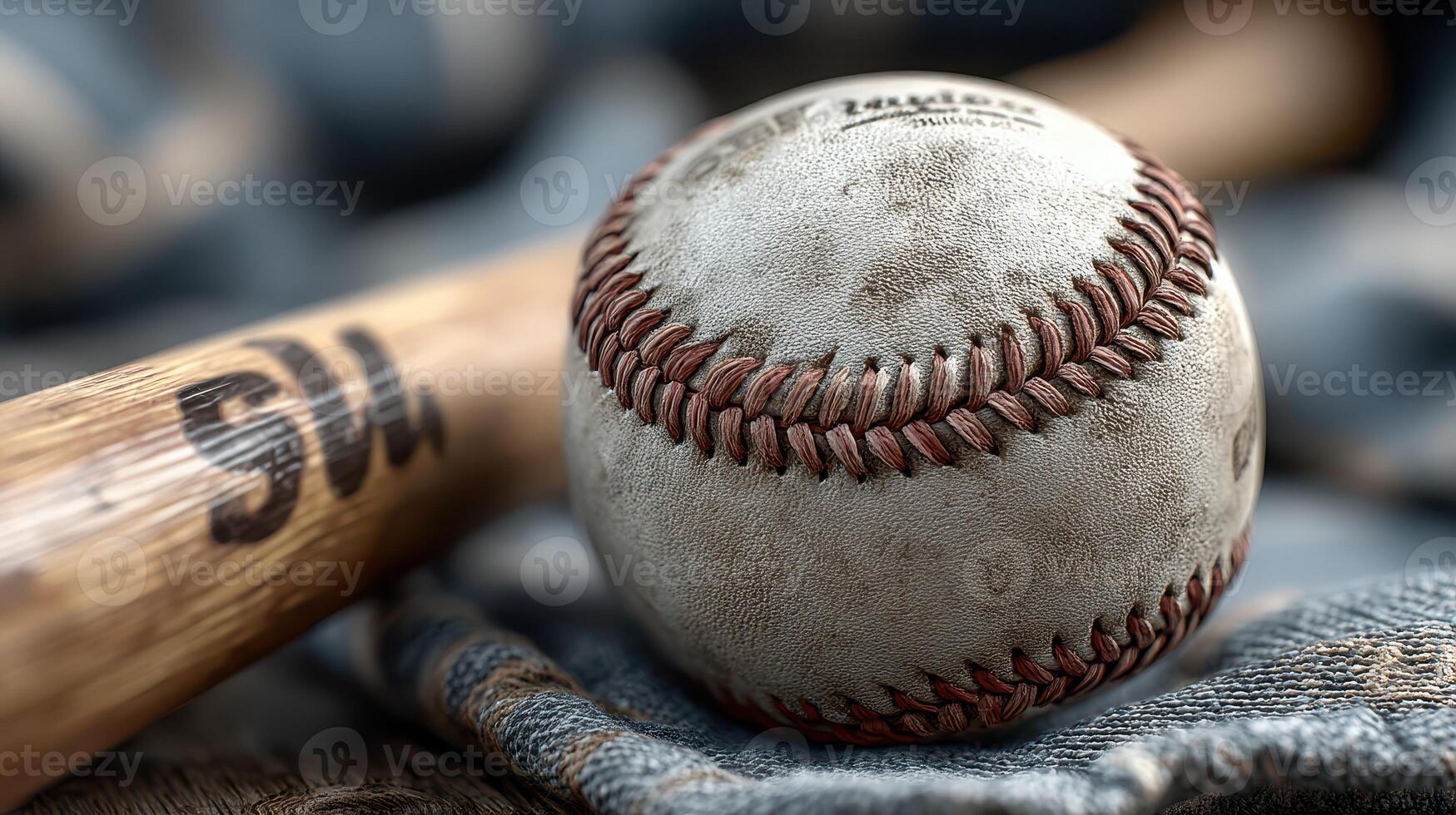Baseball and bat resting on denim fabric with a rustic feel and warm lighting captures the essence of the sport photo
