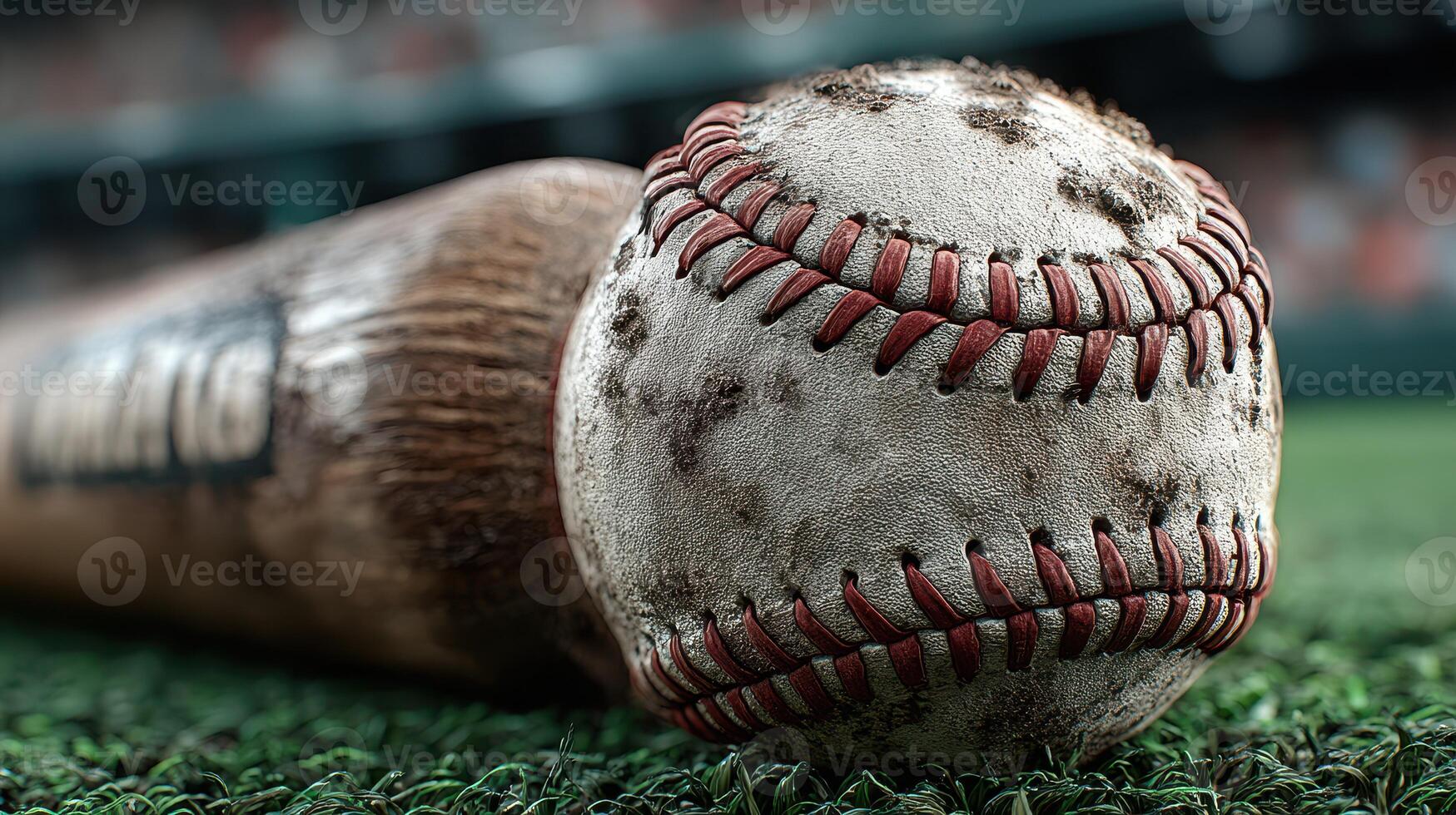 Baseball and bat resting on green field with dirt smudges at a twilight game photo