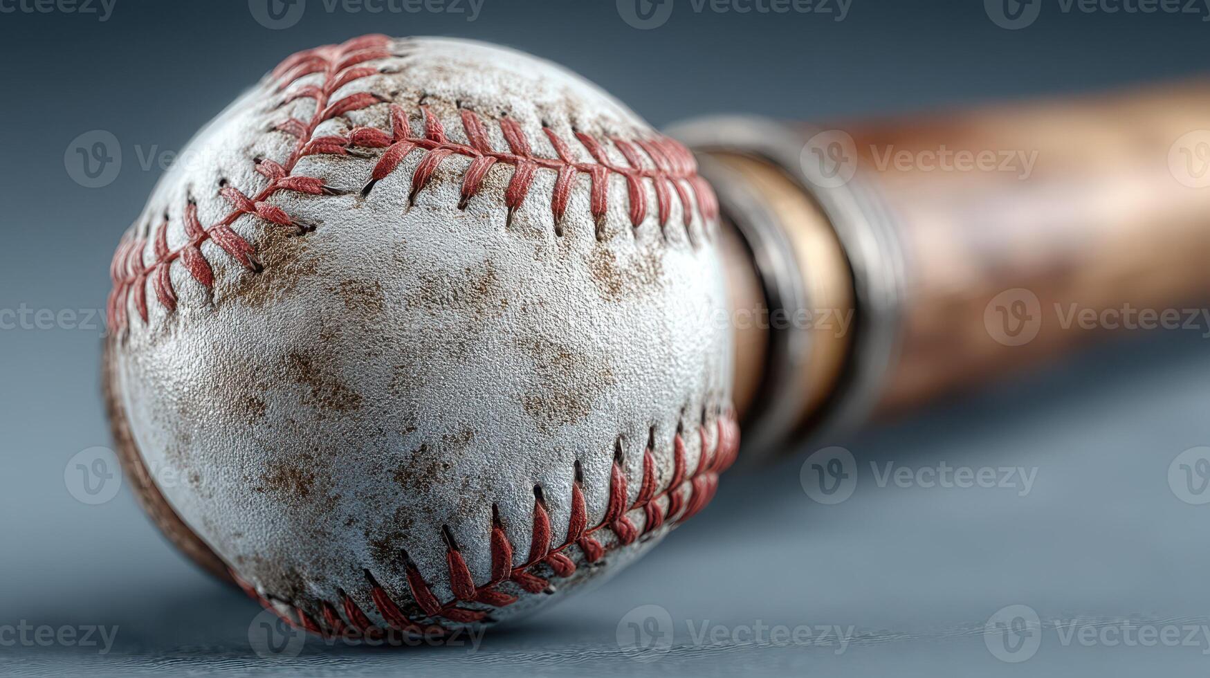 Detailed close-up of a worn baseball and wooden bat resting on a textured surface photo
