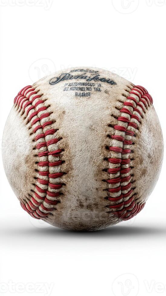 Worn baseball with scuffed surface resting on a simple background showcasing its texture and details photo